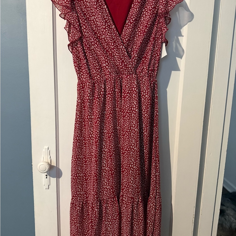 Red Leopard Printed V-Neck Ruffle Midi Dress